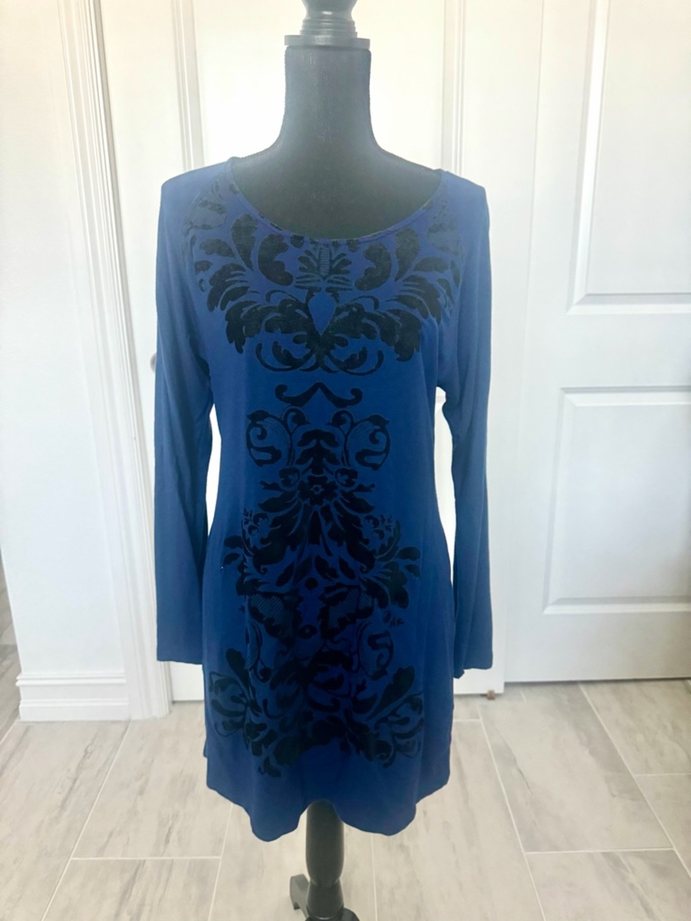 Soma Royal Blue Long-Sleeve Tunic Dress with Black Velour Pattern